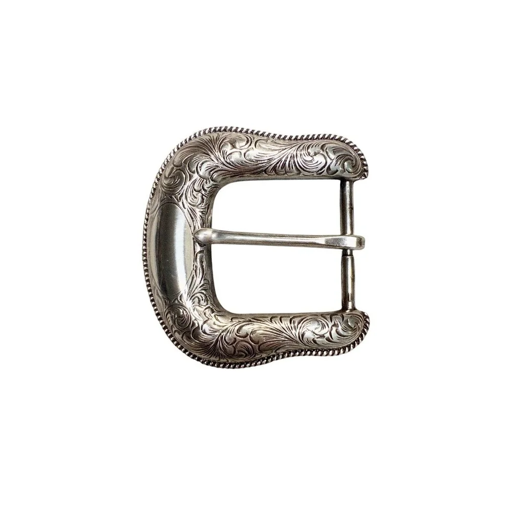 Silver Western Floral Etched Belt Buckle Rodeo Southwestern 2.5